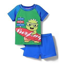 Babyhug Cotton Water Repellant Half Raglan Sleeves Two Piece Swimming Suit with Dino Print - Blue & Green