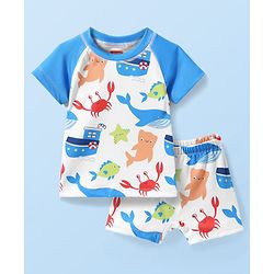 Babyhug Water Repellant Half Raglan Sleeves Two Piece Swimsuit With Fish Print - White & Blue