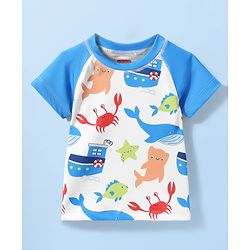 Babyhug Water Repellant Half Raglan Sleeves Two Piece Swimsuit With Fish Print - White & Blue