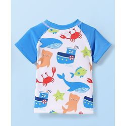 Babyhug Water Repellant Half Raglan Sleeves Two Piece Swimsuit With Fish Print - White & Blue