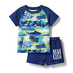 Babyhug Cotton Water Repellant Half Raglan Sleeves Two Piece Swimming Suit with Surf Theme Print - Navy Blue