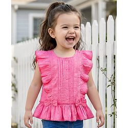 Babyhug Cotton Swiss Dot Woven Frill Sleeves Striped Top with Bow Applique - Dark Pink