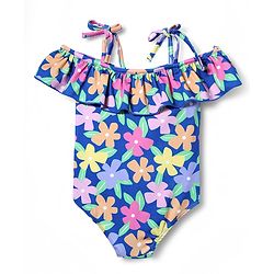 Babyhug Water Repellant Sleeveless V Cut Swimsuit with Floral Print - Navy Blue
