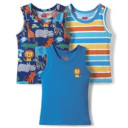 Babyhug 100% Cotton Single Jersey Knit Antibacterial Sleeveless Sando with Stripes & Animal Print Pack of 3 - Blue