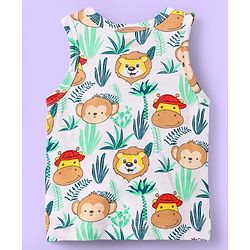 Babyhug 100% Cotton Knit Antibacterial Sleeveless Sandos With Stripes & Animal Print Pack Of 3 - Navy Blue White & Yellow