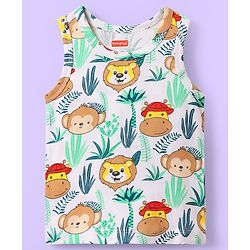 Babyhug 100% Cotton Knit Antibacterial Sleeveless Sandos With Stripes & Animal Print Pack Of 3 - Navy Blue White & Yellow