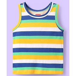 Babyhug 100% Cotton Knit Antibacterial Sleeveless Sandos With Stripes & Animal Print Pack Of 3 - Navy Blue White & Yellow
