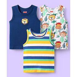 Babyhug 100% Cotton Knit Antibacterial Sleeveless Sandos With Stripes & Animal Print Pack Of 3 - Navy Blue White & Yellow