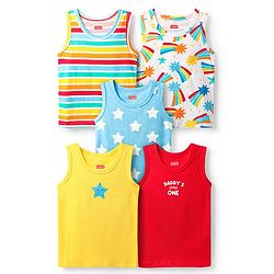 Babyhug 100% Cotton Knit Sleeveless Antibacterial Vests with Star Print & Stripes Pack of 5 - Multicolor