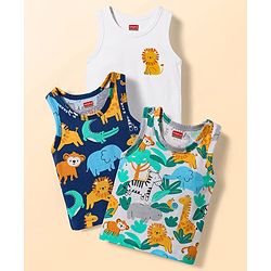 Babyhug 100% Cotton Single Jersey Knit Antibacterial Sleeveless Sando Vests with Animal Print Pack of 3 - Multicolor