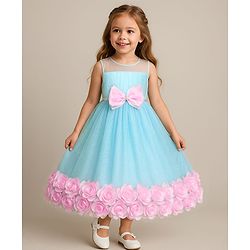 Babyhug Woven Sleeveless Fit & Flare Party Dress With Floral & Bow Applique - Light Blue & Pink