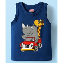 Babyhug 100% Cotton Antibacterial Sleeveless Sando With Stripes & Animal Print Pack Of 3 - Navy Blue Yellow & White