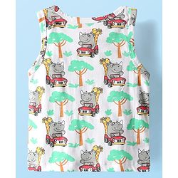 Babyhug 100% Cotton Antibacterial Sleeveless Sando With Stripes & Animal Print Pack Of 3 - Navy Blue Yellow & White