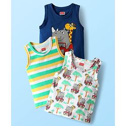 Babyhug 100% Cotton Antibacterial Sleeveless Sando With Stripes & Animal Print Pack Of 3 - Navy Blue Yellow & White
