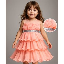 Babyhug Woven Sleeveless Ruffled Party Dress With Sequins - Pink