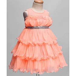 Babyhug Woven Sleeveless Ruffled Party Dress With Sequins - Pink