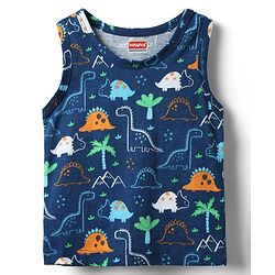 Babyhug 100% Cotton Single Jersey Knit Sleeveless Antibacterial Sando With Stripes Dino &  Star Print Pack Of 3 - Orange Light Blue & Navy Blue