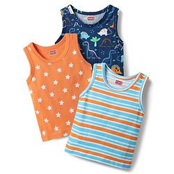 Babyhug 100% Cotton Single Jersey Knit Sleeveless Antibacterial Sando With Stripes Dino &  Star Print Pack Of 3 - Orange Light Blue & Navy Blue