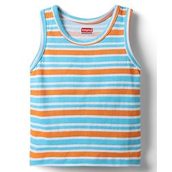 Babyhug 100% Cotton Single Jersey Knit Sleeveless Antibacterial Sando With Stripes Dino &  Star Print Pack Of 3 - Orange Light Blue & Navy Blue