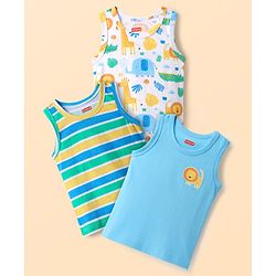 Babyhug 100% Cotton Antibacterial Sando With Stripes & Animal Print Pack Of 3 - Light Blue Yellow & Turquoise