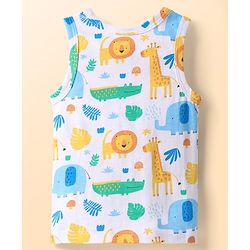 Babyhug 100% Cotton Antibacterial Sando With Stripes & Animal Print Pack Of 3 - Light Blue Yellow & Turquoise