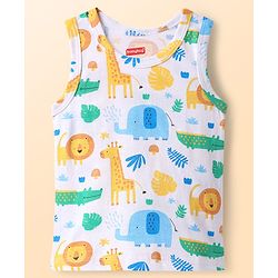 Babyhug 100% Cotton Antibacterial Sando With Stripes & Animal Print Pack Of 3 - Light Blue Yellow & Turquoise