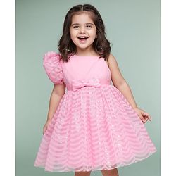 Babyhug Woven Half Sleeves Party Dress With Bow Corsage & Sequin Design- Pink