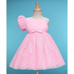 Babyhug Woven Half Sleeves Party Dress With Bow Corsage & Sequin Design- Pink