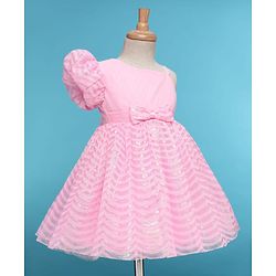 Babyhug Woven Half Sleeves Party Dress With Bow Corsage & Sequin Design- Pink