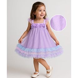 Babyhug Woven Sleeveless Ruffled Party Dress With Floral Corsage - Lavender