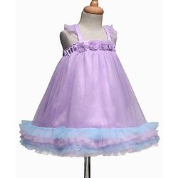 Babyhug Woven Sleeveless Ruffled Party Dress With Floral Corsage - Lavender