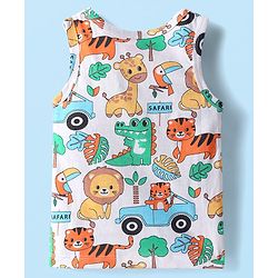 Babyhug 100% Cotton Antibacterial Sleeveless Sando With Stripes & Animal Print Pack Of 3 - Light Blue Orange & White