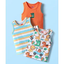 Babyhug 100% Cotton Antibacterial Sleeveless Sando With Stripes & Animal Print Pack Of 3 - Light Blue Orange & White