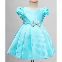 Babyhug Woven Sleeveless Printed Party Dress With Bow Applique - Light Blue