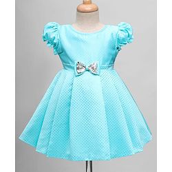 Babyhug Woven Sleeveless Printed Party Dress With Bow Applique - Light Blue