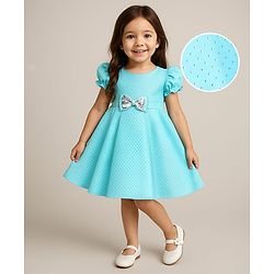 Babyhug Woven Sleeveless Printed Party Dress With Bow Applique - Light Blue