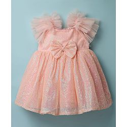 Babyhug Woven Sleeveless Party Dress With Sequin Detailing & Bow Applique - Peach
