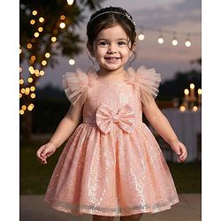Babyhug Woven Sleeveless Party Dress With Sequin Detailing & Bow Applique - Peach