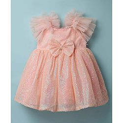 Babyhug Woven Sleeveless Party Dress With Sequin Detailing & Bow Applique - Peach