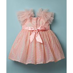 Babyhug Woven Sleeveless Party Dress With Sequin Detailing & Bow Applique - Peach
