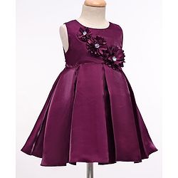 Babyhug Woven Sleeveless Pleated Party Dress With Floral Corsage - Wine