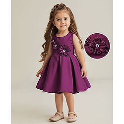 Babyhug Woven Sleeveless Pleated Party Dress With Floral Corsage - Wine