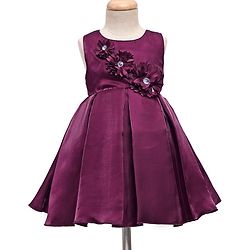 Babyhug Woven Sleeveless Pleated Party Dress With Floral Corsage - Wine
