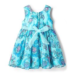 Babyhug Woven Sleeveless Party Frock with Floral Print & Floral Applique - Light Blue