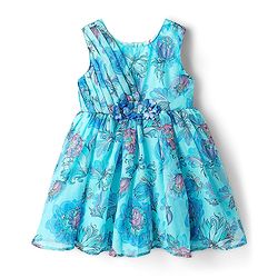 Babyhug Woven Sleeveless Party Frock with Floral Print & Floral Applique - Light Blue