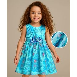 Babyhug Woven Sleeveless Party Frock with Floral Print & Floral Applique - Light Blue