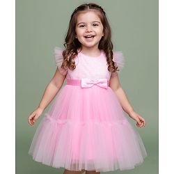 Babyhug 5 Layered Sleeveless Partywear Mesh Dress With Sequinned Yoke & Bow Applique With Cotton Lining - Light Pink
