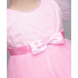Babyhug 5 Layered Sleeveless Partywear Mesh Dress With Sequinned Yoke & Bow Applique With Cotton Lining - Light Pink