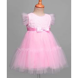 Babyhug 5 Layered Sleeveless Partywear Mesh Dress With Sequinned Yoke & Bow Applique With Cotton Lining - Light Pink