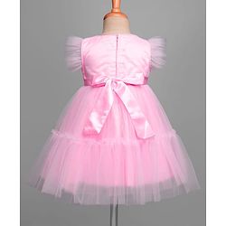 Babyhug 5 Layered Sleeveless Partywear Mesh Dress With Sequinned Yoke & Bow Applique With Cotton Lining - Light Pink